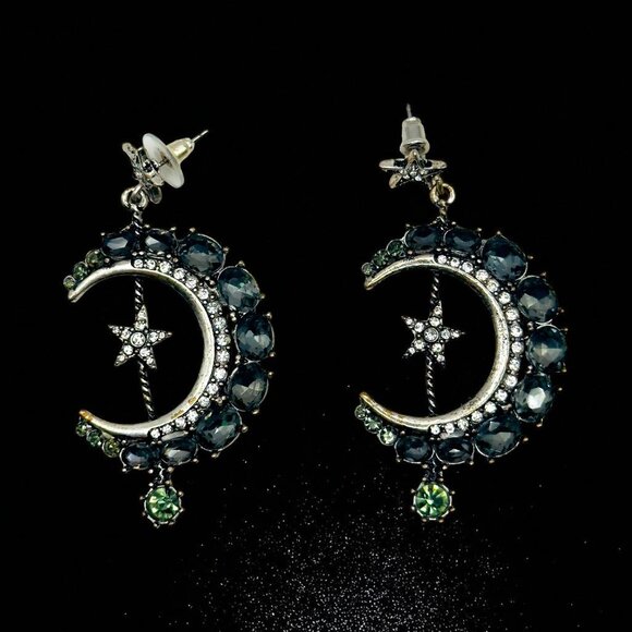 Celestial Moon & Star Dangle Earrings Rhinestone Silver-Tone Statement Jewelry - Picture 5 of 7